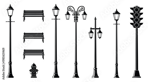 Set of street furniture elements including benches, street lamps, a traffic light, and a fire hydrant
