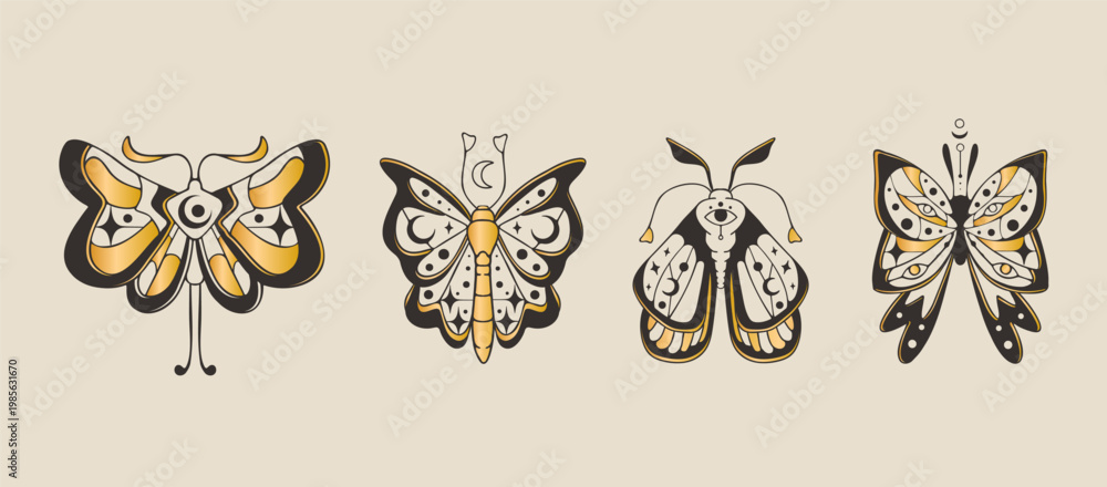 Obraz premium Celestial moth and butterfly set with moon, star, eye icons isolated on background. Vector illustration of mystical black golden doodle insects decorated with esoteric signs, tarot card design element
