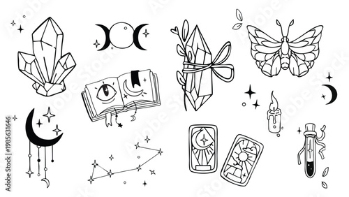Set of mystic boho designs for tattoo or tarot cards. Vector illustration of celestial moth, dagger with butterfly wings, love potion in heart bottle, crescent moon, sacred crystals, spiritual icons