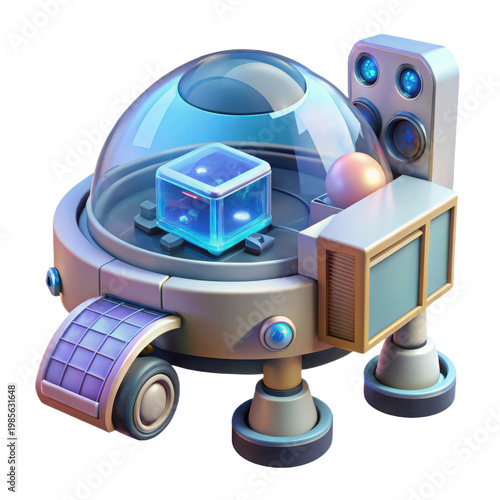 Colorful robot with tools and accessories on a futuristic vehicle base isolated on transparent background