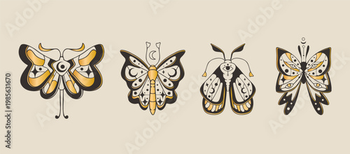 Fotografía Celestial moth and butterfly set with moon, star, eye icons isolated on background