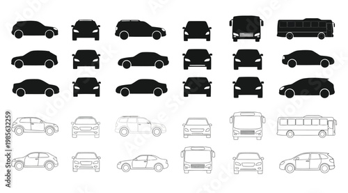 Car and bus vector icons set for architectural site plans and traffic diagrams collection of vehicle silhouettes and outlines in front and side view