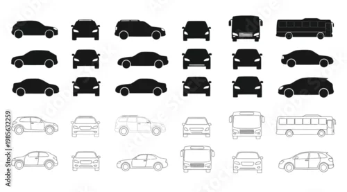 Obraz Car and bus vector icons set for architectural site plans and traffic diagrams collection of vehicle silhouettes and outlines in front and side view