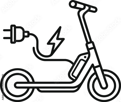 Minimalist electric scooter charging vector illustration with power cable and battery symbol for green city mobility art.