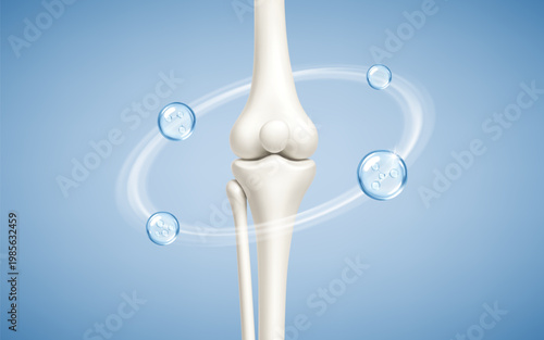 Healthy knee joint with collagen and hyaluronic acid molecules. Joint lubrication and mobility concept. Realistic medical vector illustration