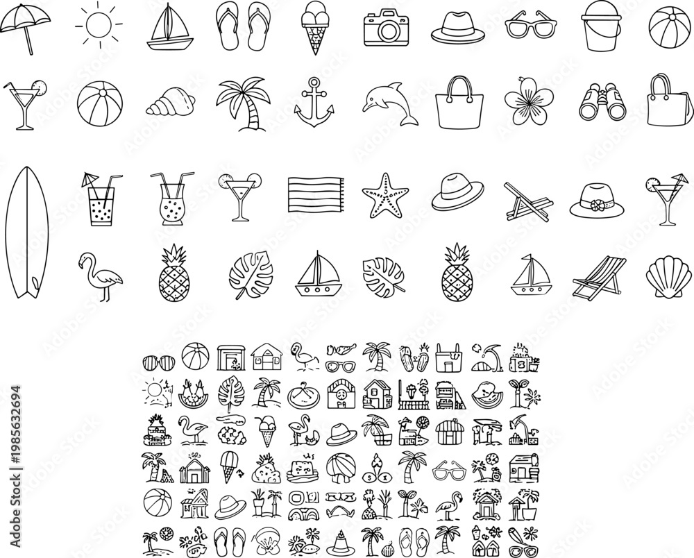 Fototapeta premium Bundle Of Hand Drawn Summer Icons And Doodle Graphics Featuring Tropical Palm Trees Surfboards Beach Elements Flamingo And Nautical Icons For Creative Seasonal Graphic Design Projects