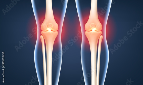 Bilateral knee joint pain and inflammation concept. Arthritis and orthopedic medical anatomy. Realistic vector illustration