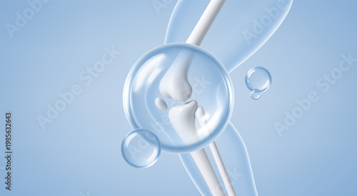 Healthy knee joint protection concept. Vitamin, сollagen and minerals for healthy bone joint. Orthopedic medical anatomy. Realistic vector illustration