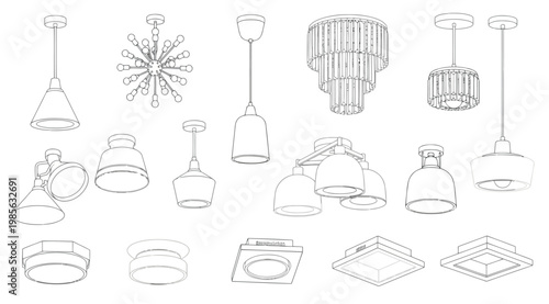Collection of modern ceiling light fixtures and pendant lamps line art illustrations