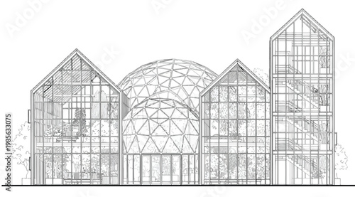 Architectural line drawing of a modern greenhouse conservatory with glass domes and gabled roofs