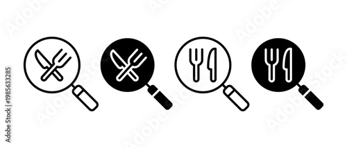 Catering restaurant service icon set. Food, plate, fork, knife, spoon symbol