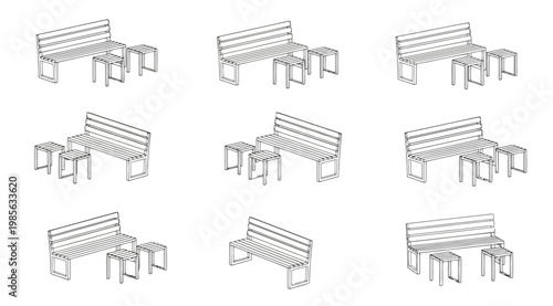 Set of outdoor park bench and table furniture line art icons collection of various isometric outdoor seating illustrations