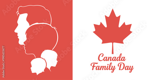 Canada Day Canada Family Day vector illustration featuring stylized family profile silhouettes and a large red maple leaf icon