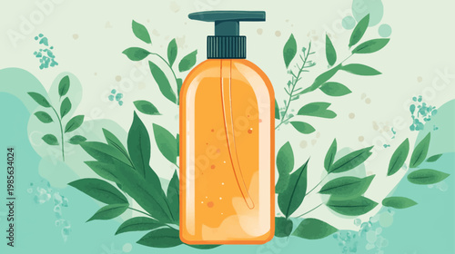 A hand-drawn orange pump bottle with leaves, set against a light green and teal backdrop