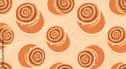 Seamless Cinnamon Rolls Food Pattern Background, Modern Flat Illustration of Glazed Pastry and Bun Texture, Sweet Bakery Backdrop for Cafe and Dessert Menu Design