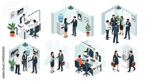Isometric business people set office workers in various situations meeting, working at desk, shaking hands, talking near water cooler vector illustration of corporate life and teamwork