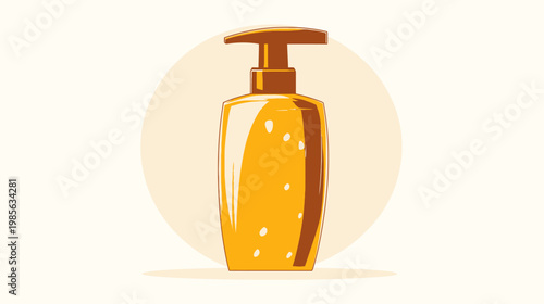 Illustration of a yellow liquid soap dispenser. It's set against a light-tan circle. Simple, modern style