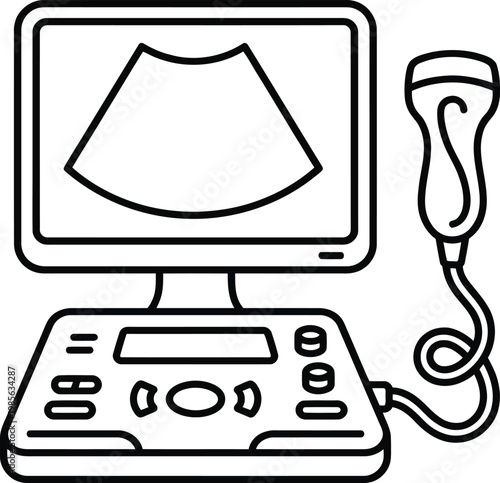 Medical ultrasound machine line art illustration with screen monitor and transducer probe for healthcare diagnosis vector.