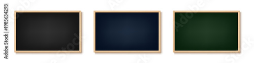Realistic school chalkboards set with wooden frame. Black, blue and green classroom board. Vector illustration