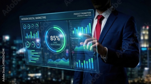 A businessman in a suit interacting with a futuristic digital dashboard at night