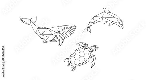 Geometric low poly line art illustrations of a whale, dolphin and sea turtle in minimalist style