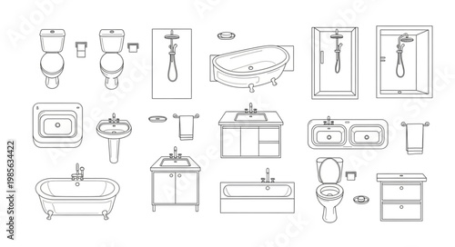 Collection of bathroom fixtures and elements in sketch style.