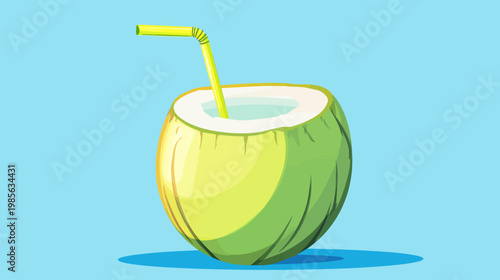 Digitally created illustration of a green coconut with a yellow straw, on a blue background