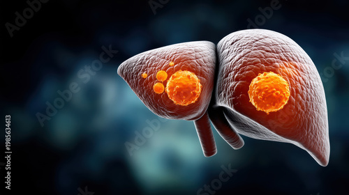 Human liver organ with multiple cancerous tumors medical illustration disease health anatomy close up 3D render dark background