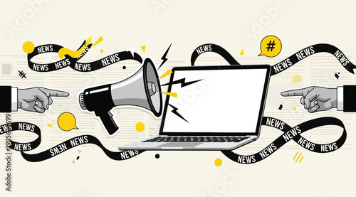 Conceptual illustration of digital news media with laptop, megaphone, and pointing hands