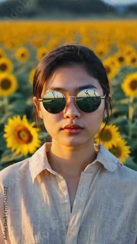  A cool portrait of a young woman in a sunflower field at sunsetwoman, portrait, sunflower, field, sunset, beautiful, nature, summer, fashion, style, sunglasses, reflection, cool, young, travel, lifes