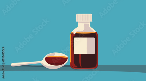 A medical illustration of medicine bottle and spoon with liquid against blue background