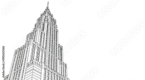 Black and white line drawing of a tall skyscraper building architecture