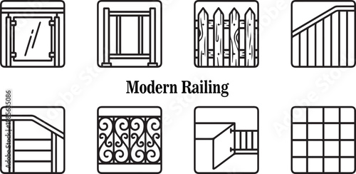 Modern railing icon set, architectural handrail and fence line art vectors, 8 minimalist balcony and staircase railing designs for construction