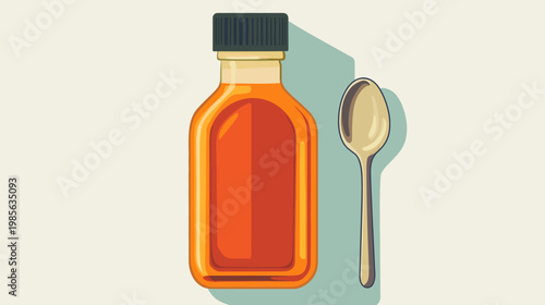 Flat illustration of a bottle of syrup with a spoon, both casting shadows. Simple graphics