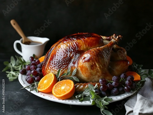 Glazed roasted turkey garnished with fresh oranges and grapes