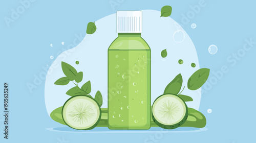 A refreshing, illustrative depiction of a green bottle and sliced cucumbers, leaves, and bubbles