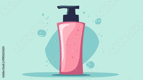 A pink liquid dispenser with a dark pump against a teal background with bubbles