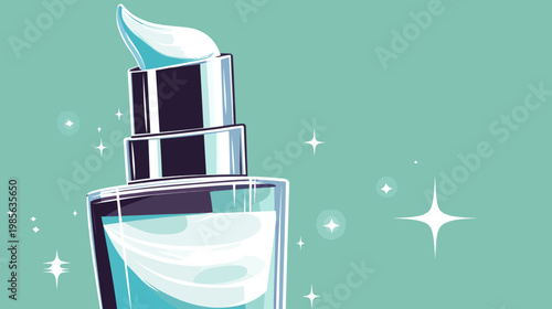 Illustration of cosmetic pump bottle with dispensing head, shimmering stars on a mint background