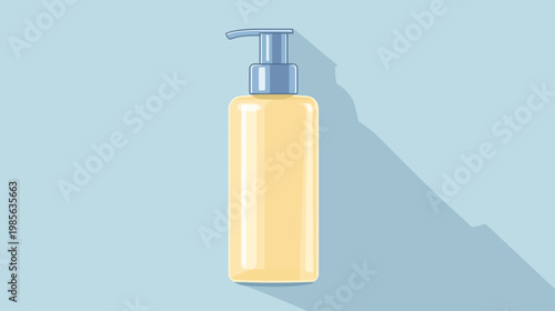 A cartoon illustration shows a yellow lotion dispenser bottle with a blue pump, set against a light-blue backdrop