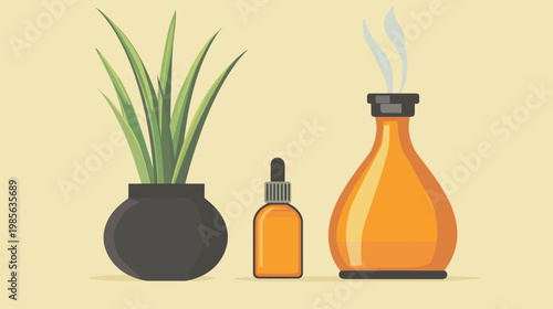 Simplified illustration of a green plant, essential oil bottle, and a diffuser on a light background