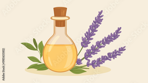 A cartoon illustration featuring a bottle with a cork stopper, lavender, and leaves