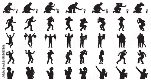 Firecracker Celebration Reactions Silhouettes Set Pack, Chinese New Year. Editable Vector Stroke Illustration. featuring silhouette, people, human, man, woman, child, baby more silhouettes.