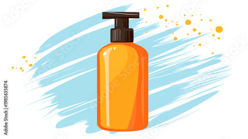 A vibrant illustration showcasing an orange bottle with a pump dispenser against a brushstroke background