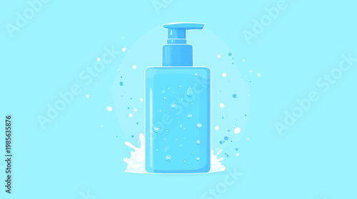 A cartoon illustration of a transparent blue pump bottle with bubbles and water splashes