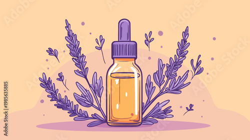 Digital illustration of a glass dropper bottle containing golden liquid, surrounded by lavender sprigs