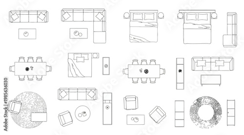Set of furniture icons for interior design plan top view