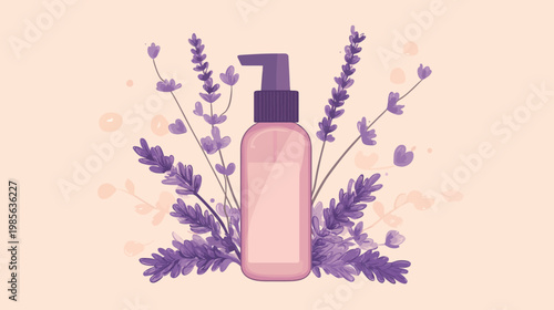 A pink bottle of lotion is surrounded by lavender blossoms on a soft peach background
