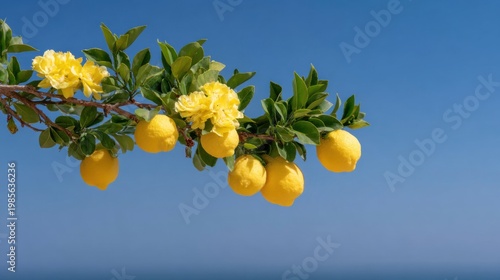 Ripe lemons and vibrant yellow flowers growing on a citrus tree branch, a clear blue sky and ocean creating a fresh, natural, and healthy summer background