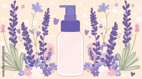 Illustration of a skincare product bottle amid delicate lavender and floral elements