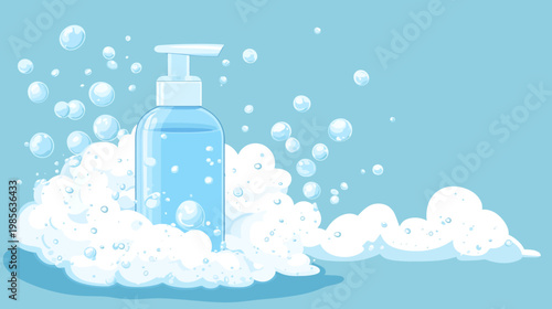 A cartoon illustration of a clear bottle with blue liquid surrounded by fluffy white foam and bubbles